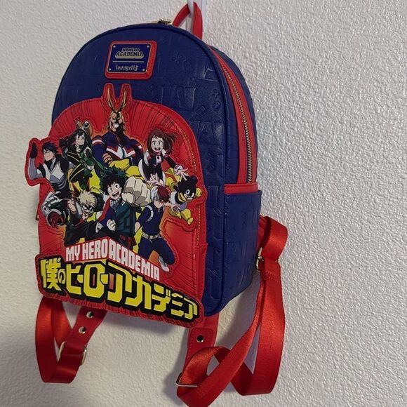 NEW-Loungefly- My Hero Academia Group Debossed Logo Mini Backpack Anime-blue/red - Picture 4 of 8